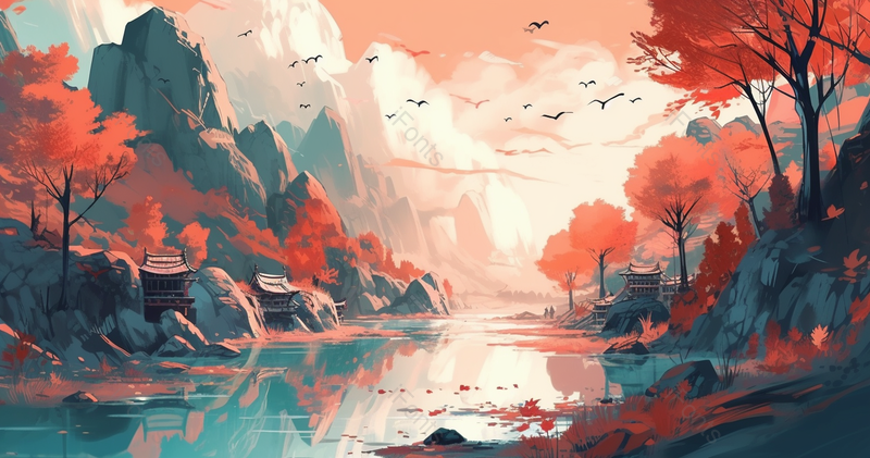 秋季壮丽山水河流湖泊美景,插画/手绘图,插画/手绘图库,插画/手绘图下载,插画/手绘